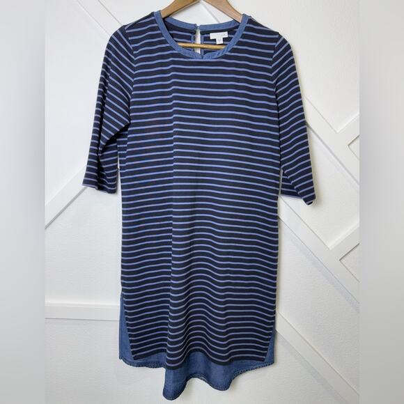 J. Jill 3/4 Sleeve Navy Striped Shift Dress Tencel Denim Shirt Tail Size Small - Picture 2 of 11